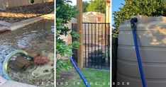 three different pictures of the same garden and water feature, one with a hose attached to it