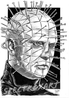 a black and white drawing of a man's head with pins stuck in it