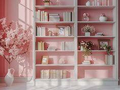 a pink room with bookshelves and vases filled with flowers