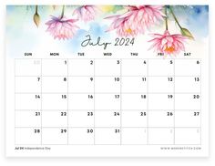 a calendar with flowers on it for july