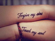 two people with tattoos on their arms that say i love you and the words together