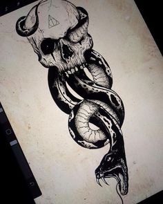 a drawing of a snake with a skull on it