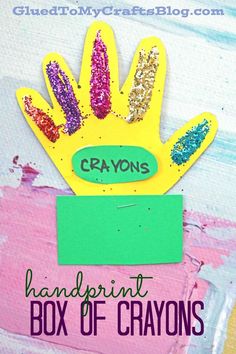 the handprint box of crayos craft is made with colored paper and glue