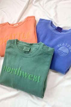 Outdoorsy aesthetic PNW athleisure outfit ideas from Rollick women's fashion boutique - Garment dyed sweatshirt with fleecy inside and puff ink screen print. Affordable Playful Crew Neck Shirt, Cheap Crew Sweatshirt With Screen Print, Athleisure Outfit Ideas, Outdoorsy Aesthetic, Athleisure Outfit, Flat Lay Photos, Dyed Sweatshirt, Flats Outfit, Puff Print