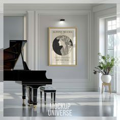 there is a black piano in the middle of this room with white walls and flooring