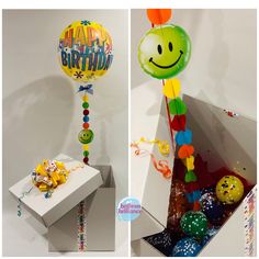 two pictures of birthday balloons in a box and on the inside, there is a balloon with a smiley face hanging from it