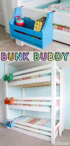 the bunk bed is made from two different types of wood and has storage space for toys