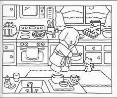 a black and white drawing of a child cooking in the kitchen