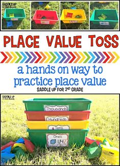 an image of place value toss game in the grass with text overlay that says place value toss