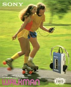 an advertisement for sony skateboarding with two girls riding on rollers and one is listening to headphones