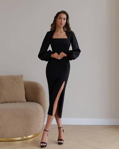 Black Midi Formal Dress, Black Long Sleeve Formal Dress, 30th Outfit, Black Formal Midi Dress, Midi Formal Dress, Midi Gowns, Midi Bridesmaid Dress, Black Pencil Dress, Dinner Dresses