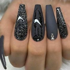 Grey Matte Nails, Black Nails With Glitter, Nagellack Trends, Black Nail Art, Gray Nails, Super Nails, Ballerina Nails, White Nail, Halloween Nail Art