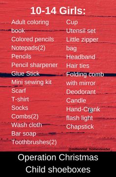 the christmas list for children's shoeboxes is shown in red and black