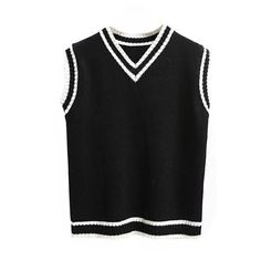 Winter V-neck Chunky Knit Sweater Vest, Winter White Ribbed Sweater Vest, White Ribbed Sweater Vest For Winter, Black Ribbed Sweater Vest For Fall, Fall Black Ribbed Sweater Vest, Striped Sweater Vest, Knit Striped Sweater, Preppy Mode, Vest Knit