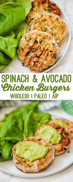 spinach and avocado chicken burgers on a plate with lettuce