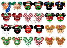 mickey mouse ears with christmas decorations and name tags on each one, including santa's helper