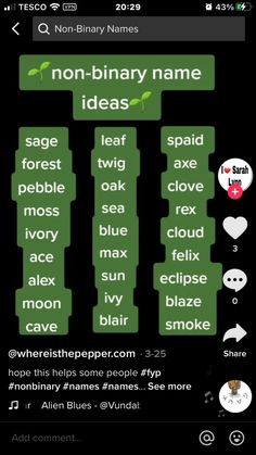 an iphone screen with the words non - binary name ideas and other things on it