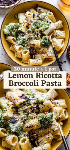 lemon ricotta broccoli pasta in a yellow bowl