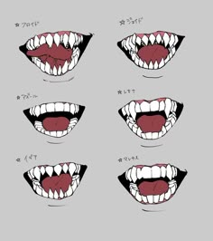 four mouths with different teeth and fangs on the top one is open, the other has two