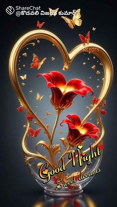 good night sweet dreams with red flowers and butterflies in a heart shaped vase on a black background