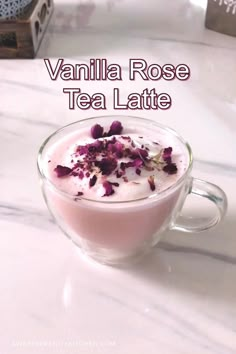 vanilla rose tea latte in a glass mug