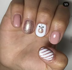 Simple Christmas Nail Designs Pink, Nude Holiday Nails Short, Super Short Christmas Nails, Nude Christmas Nails Short, Christmas Ornament Nail Art, Easy Nail Designs Christmas, Rose Gold Christmas Nails, Pink Christmas Nail Designs, Minimal Nails Art