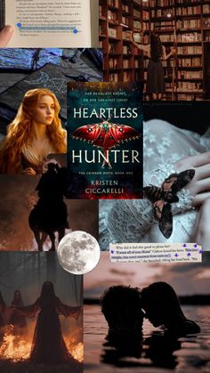 a collage of books with images of people in the background and text that reads heartless hunter