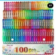 the 100 pack of glitter gel pens are colorful and have different designs on each one