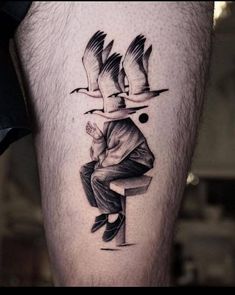 Men Leg Tattoo Ideas Design, Tattoos For Men On Leg, Paradox Tattoo, Surrealism Tattoo, Small Tattoos Ideas, Men's Tattoo, Simple Tattoos For Guys, Surreal Tattoo, Epic Tattoo