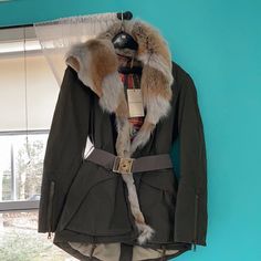 Beautiful! (Made In Italy) Hood Lined W Fox Fur Red Fox Fur Collar Two Handwarmer Pockets Button Front Closure New W Tsgs Luxury Fall Parka, Designer Long Sleeve Outerwear With Faux Fur Trim, Luxury Fall Parka With Faux Fur Trim, Luxury Fall Parka With Faux Fur Lining, Designer Fitted Outerwear With Faux Fur Lining, Designer Winter Outerwear With Faux Fur Lining, Suede Biker Jacket, Faux Suede Moto Jacket, Fur Collar Jacket