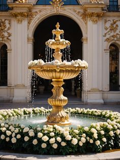 a fountain with flowers around it in front of a building