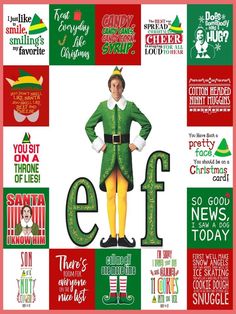 an elf is standing with his hands on his hips and the letters ef are in different colors