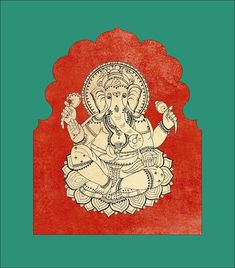 an elephant statue sitting on top of a red and green background