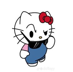 an image of hello kitty with a red bow on her head and blue overalls