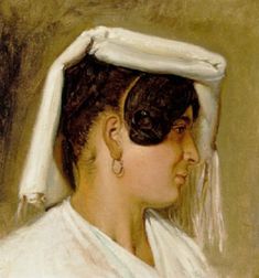 an oil painting of a woman wearing a white dress and head scarf with her eyes closed