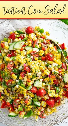 corn salad with corn, cucumber, tomatoes, peppers, and more. Potluck Recipes Salad, Side Dishes To Go With Barbecue, Side Dishes Bbq Parties, Hot Honey Corn Salad, Best Sides For A Cookout, Corn Salad For Bbq, Low Calorie Corn Salad, Easy Weeknight Sides, Side Recipes For Bbq