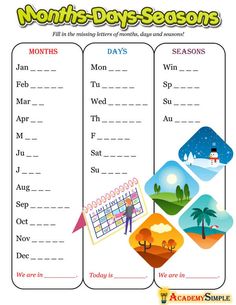 months of the year printable worksheet for kids with pictures and words on it