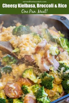 broccoli, ham and rice casserole in a pan with a wooden spoon