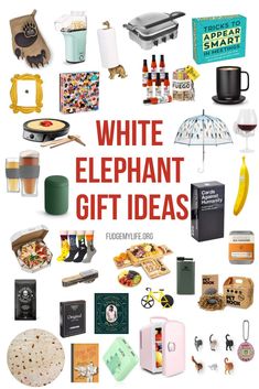 the cover of white elephant gift ideas is shown with various items and drinks on it