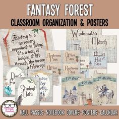 Transform your classroom into a magical place with this fantasy enchanted forest fairytale decor, created especially for older students. This middle or high school fairytale themed classroom decor features beautiful, detailed, watercolor illustrations of dragons, fairies, mandrakes, plants, castles, and woodland creatures.- Stay organized with the unique notebook covers and signs, calendar items, and hall passes. - Motivate your students with the one-of-a-kind inspirational quotes posters.View t Enchanted Forest Classroom, Fantasy Enchanted Forest, Classroom Decor Calming, Organize Posters, Forest Classroom, Forest Fairytale, Themed Classroom Decor, Detailed Watercolor, Vocabulary Word Walls