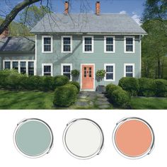 the exterior of a house with three different color options to choose from, including blue and green