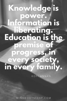 a person is writing on a book with the quote, knowledge is power information is liberation is