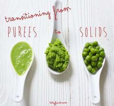 three spoons filled with different types of green foods and the words transstiring from purees to solids