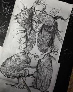 a drawing of a woman with tattoos on her body