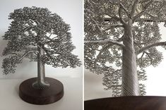 two pictures of a tree made out of metal wire and wood, one is cut in half