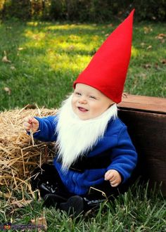 a baby wearing a red and white gnome's hat sitting on hay in the grass