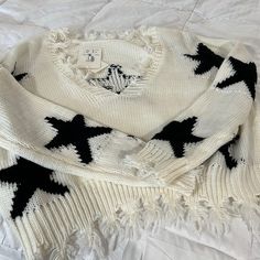 Womens- Star Sweater (Cream -White/Black Stars) Lace Hem Top, Hippie Sweaters, Long Black Sweater, Leather Elbow Patches, Cute Christmas Sweater, Yellow Cardigan, Black Stars, Boutique Sweater, Star Sweater