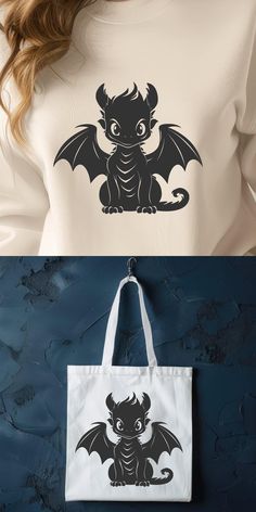 a woman holding a white bag with a black dragon on the front and back side