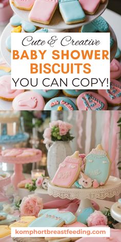 baby shower biscuits are displayed on a table with pink and blue cookies in the background