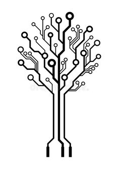 a circuit board tree with lots of wires and dots on it's branches, black and white